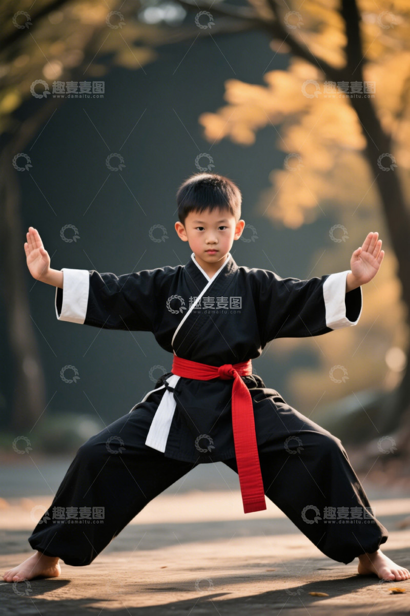 高清大图下载【趣麦麦图】男孩练习武术姿势，专注认真