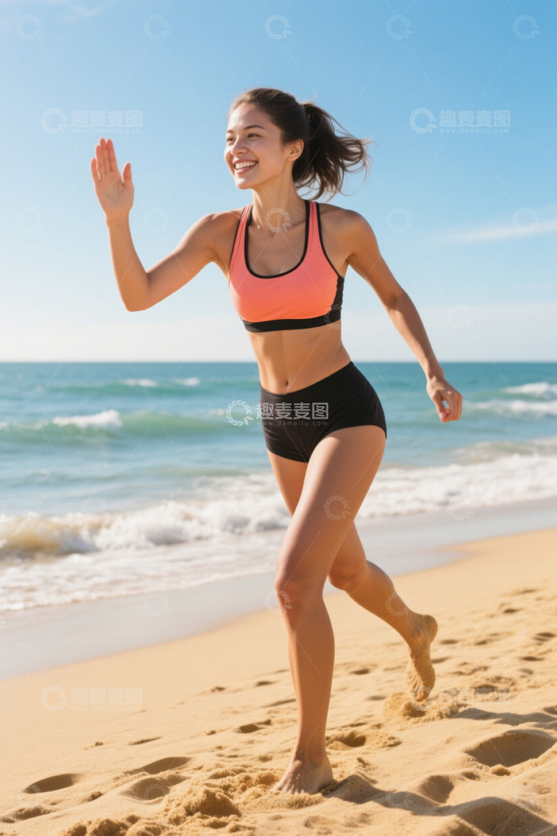 高清大图下载【趣麦麦图】沙滩上奔跑的快乐女孩