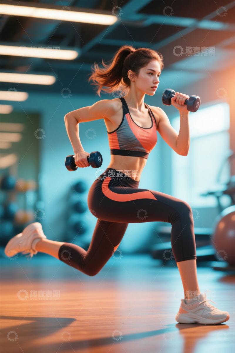 高清大图下载【趣麦麦图】健身房运动女子举哑铃