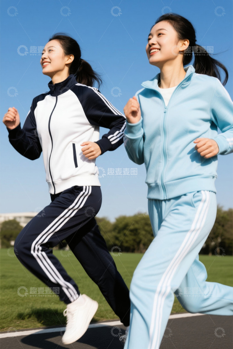 高清大图下载【趣麦麦图】阳光下奔跑的两位年轻女孩