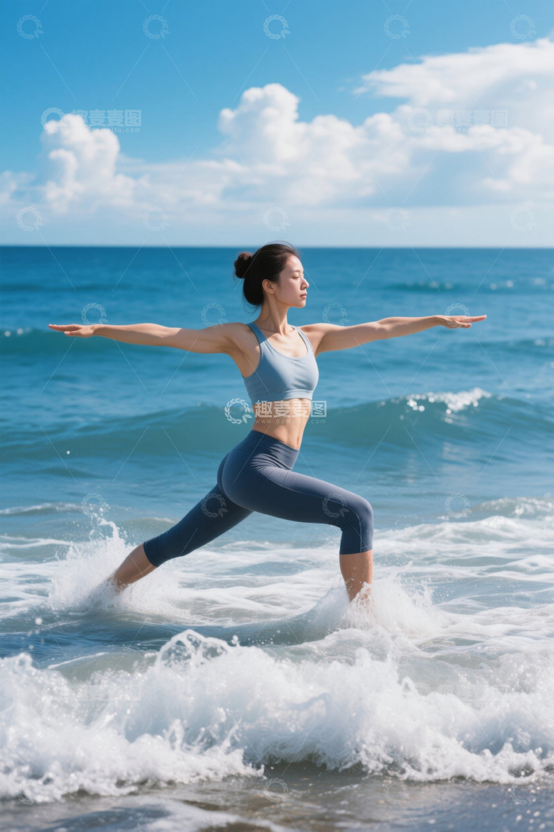 高清大图下载【趣麦麦图】女子海边瑜伽动作舒展