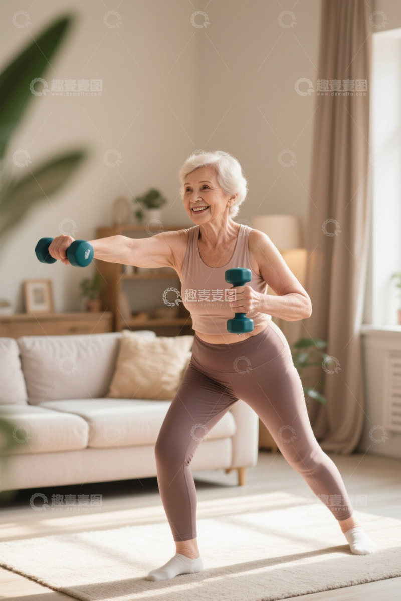 高清大图下载【趣麦麦图】快乐的老年女子在家健身锻炼