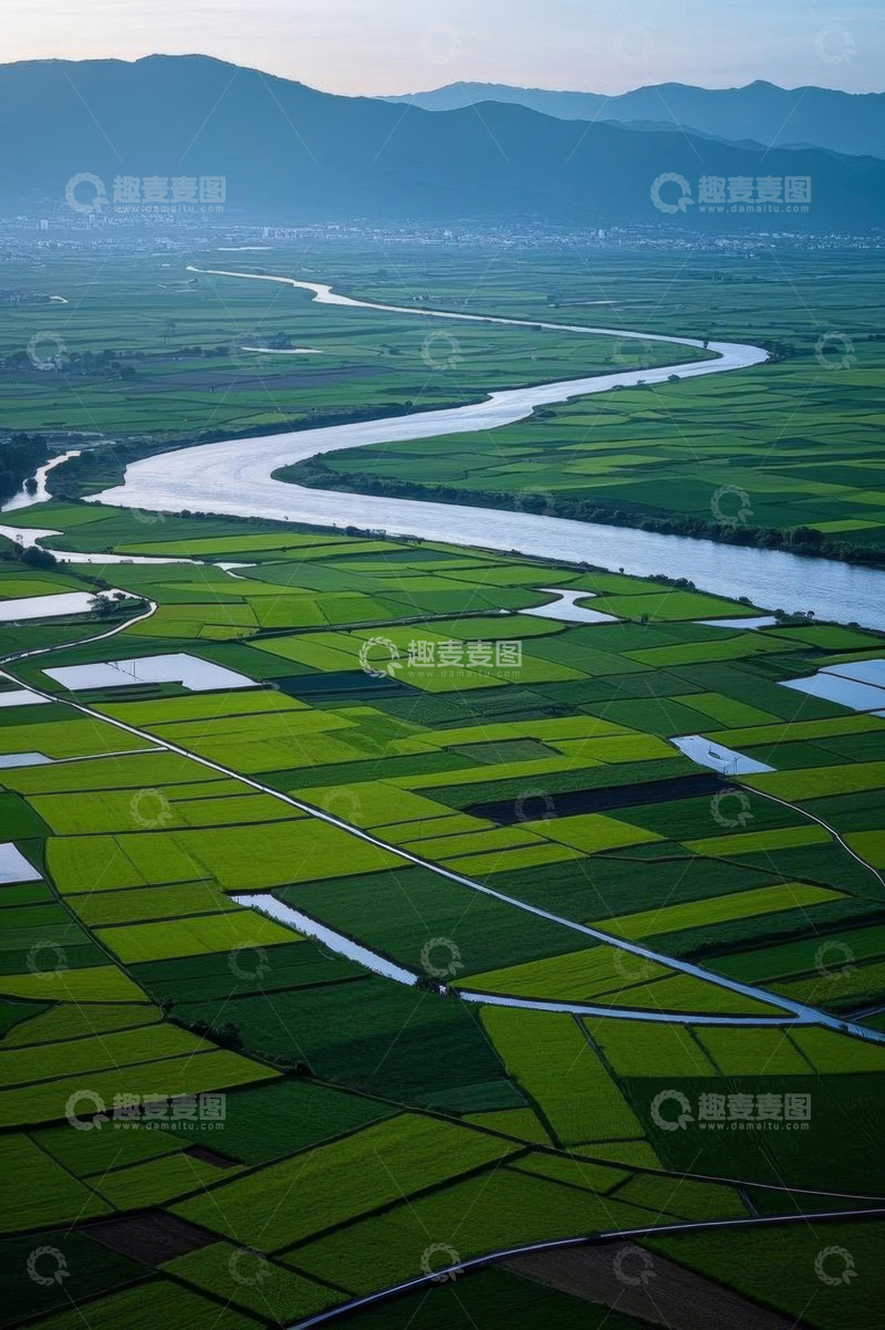 高清大图下载【趣麦麦图】航拍田野河流自然风光