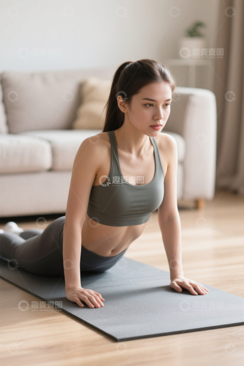 高清大图下载【趣麦麦图】瑜伽垫上年轻女子做瑜伽