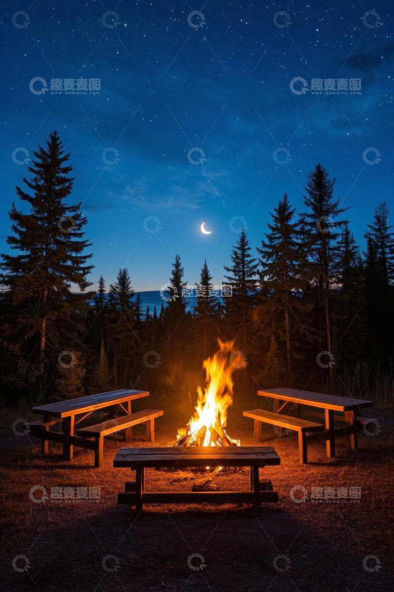 高清大图下载【趣麦麦图】森林露营篝火夜景