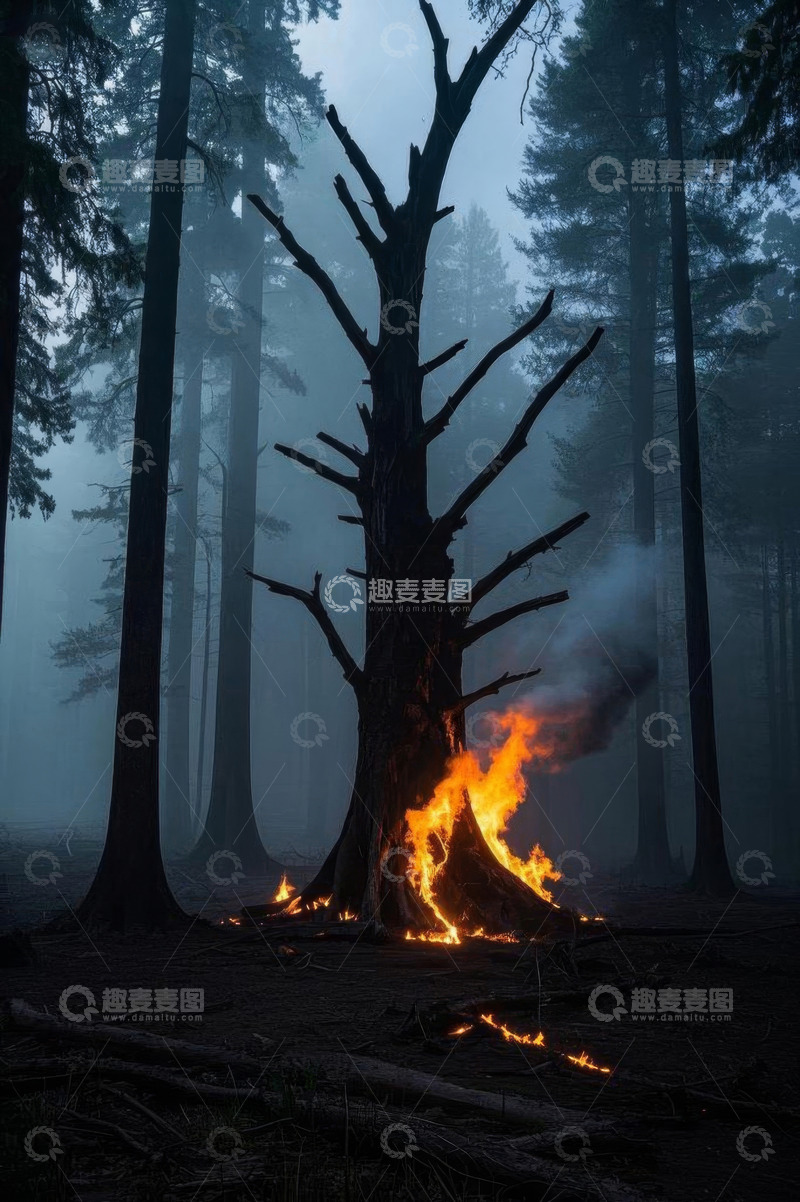 高清大图下载【趣麦麦图】森林中燃烧的枯树景象