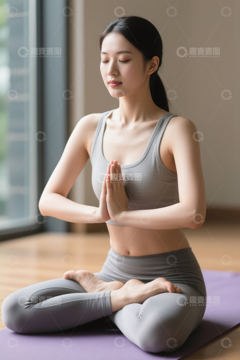 高清大图下载【趣麦麦图】年轻女子在家中练习瑜伽冥想