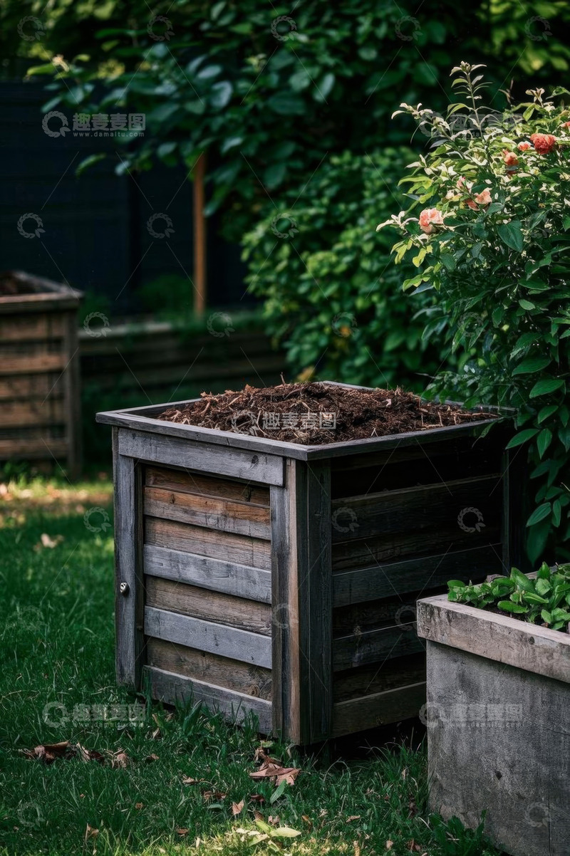 高清大图下载【趣麦麦图】户外花园木质花箱与绿植
