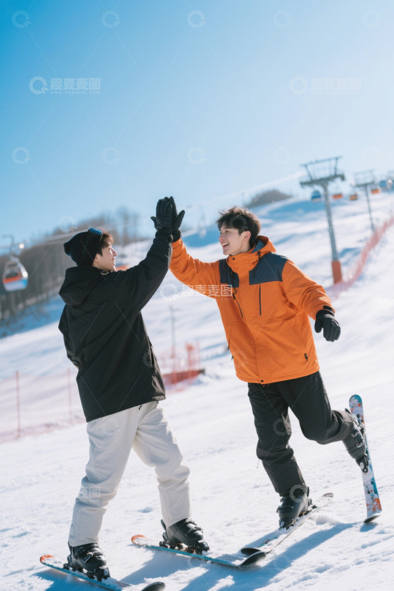 高清大图下载【趣麦麦图】雪场上的两个年轻人击掌庆祝