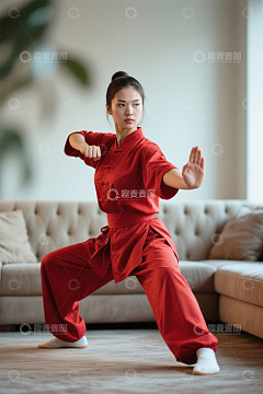 红衣女子在家练习武术