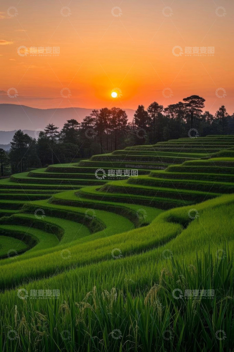 高清大图下载【趣麦麦图】夕阳下的绿色梯田风光