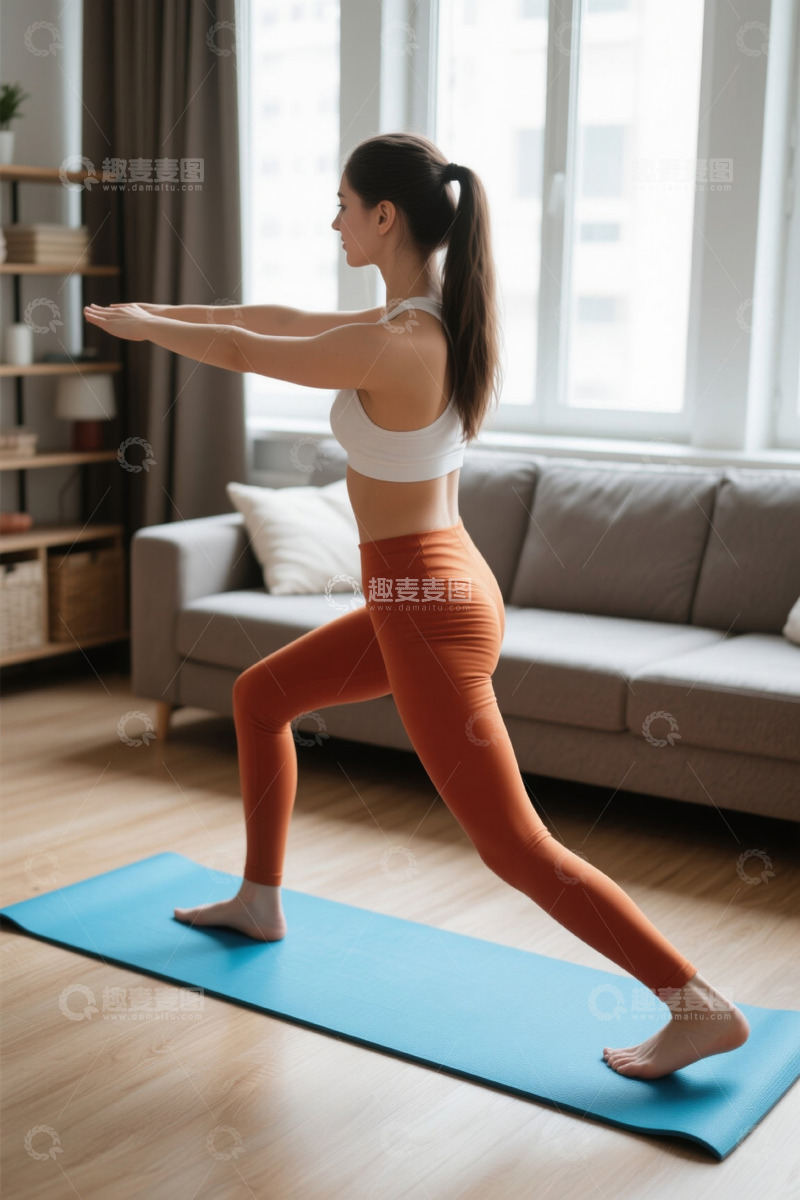 高清大图下载【趣麦麦图】年轻女子在家中瑜伽垫上练习瑜伽