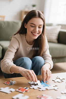 快乐女子在家拼图放松身心
