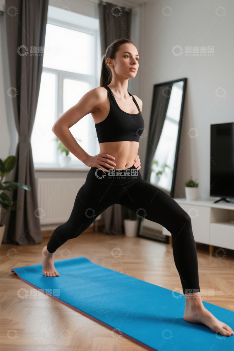高清大图下载【趣麦麦图】年轻女子在家中瑜伽垫上练习瑜伽