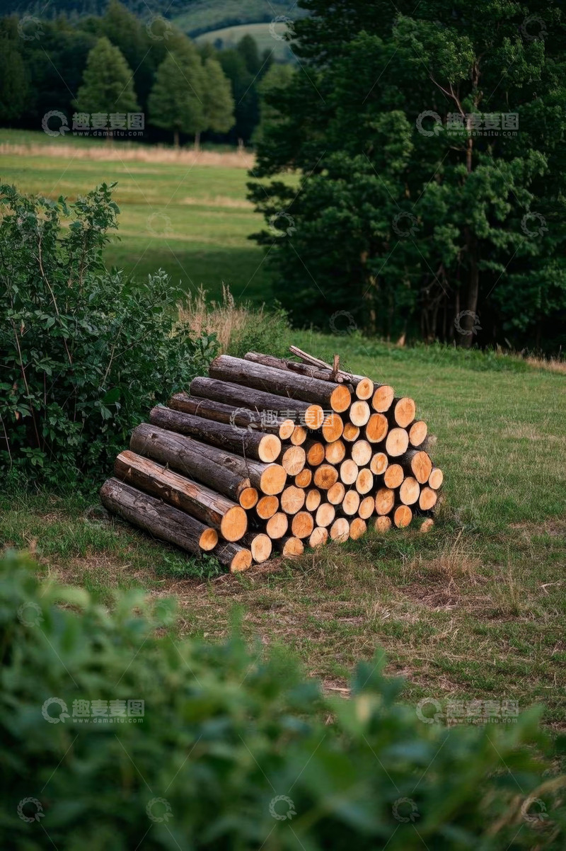 高清大图下载【趣麦麦图】户外草地上堆放的原木