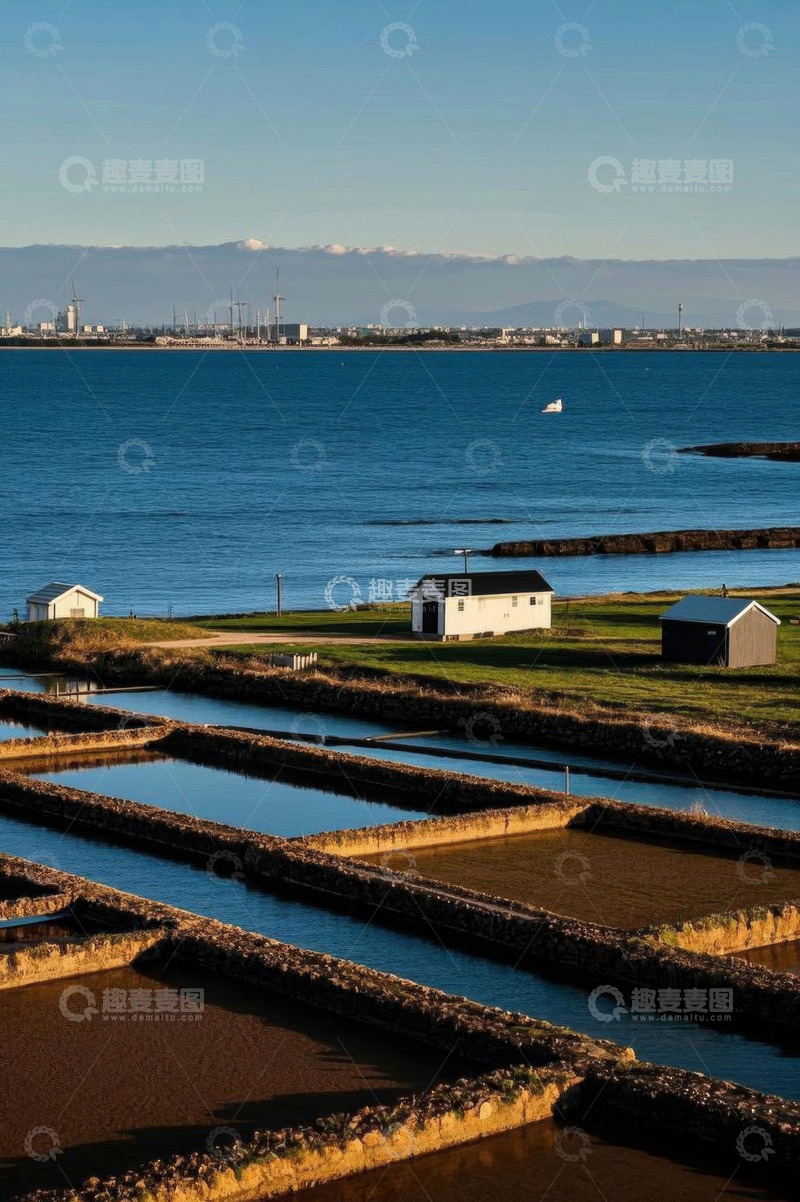 高清大图下载【趣麦麦图】海岸边的小屋与养殖池景观