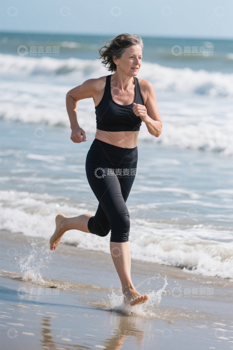 高清大图下载【趣麦麦图】海滩上跑步的成熟女性