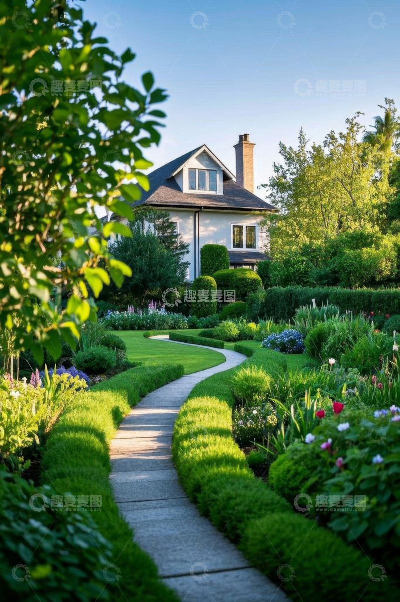 高清大图下载【趣麦麦图】庭院花园中的小径与房屋