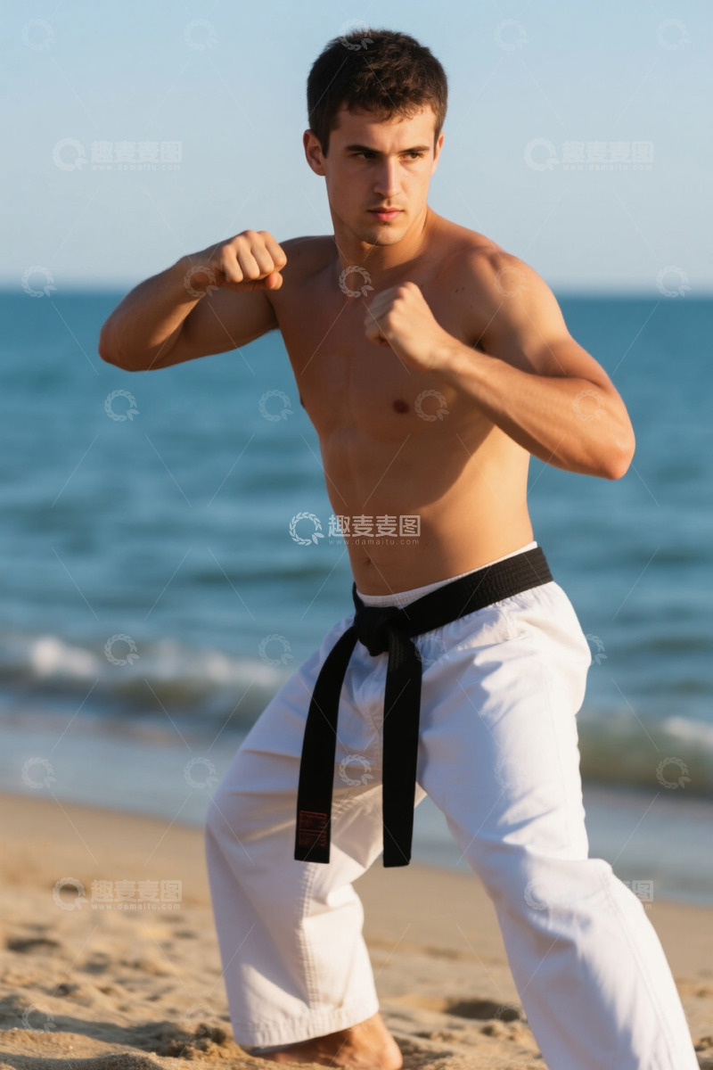高清大图下载【趣麦麦图】阳光沙滩上的空手道练习者