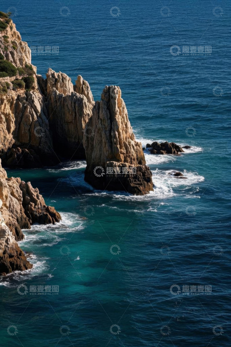 高清大图下载【趣麦麦图】海边嶙峋岩石与蓝色海洋景观