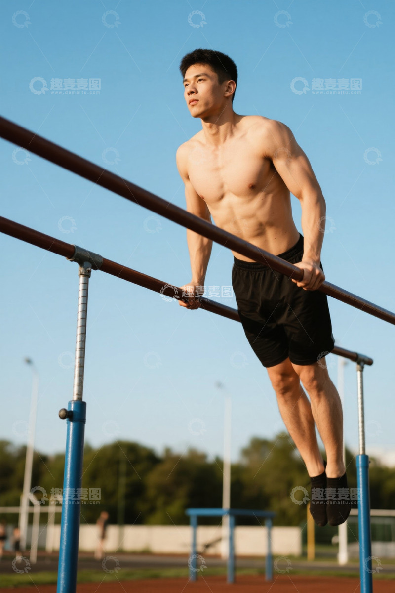 高清大图下载【趣麦麦图】阳光下强壮的亚洲男人做引体向上