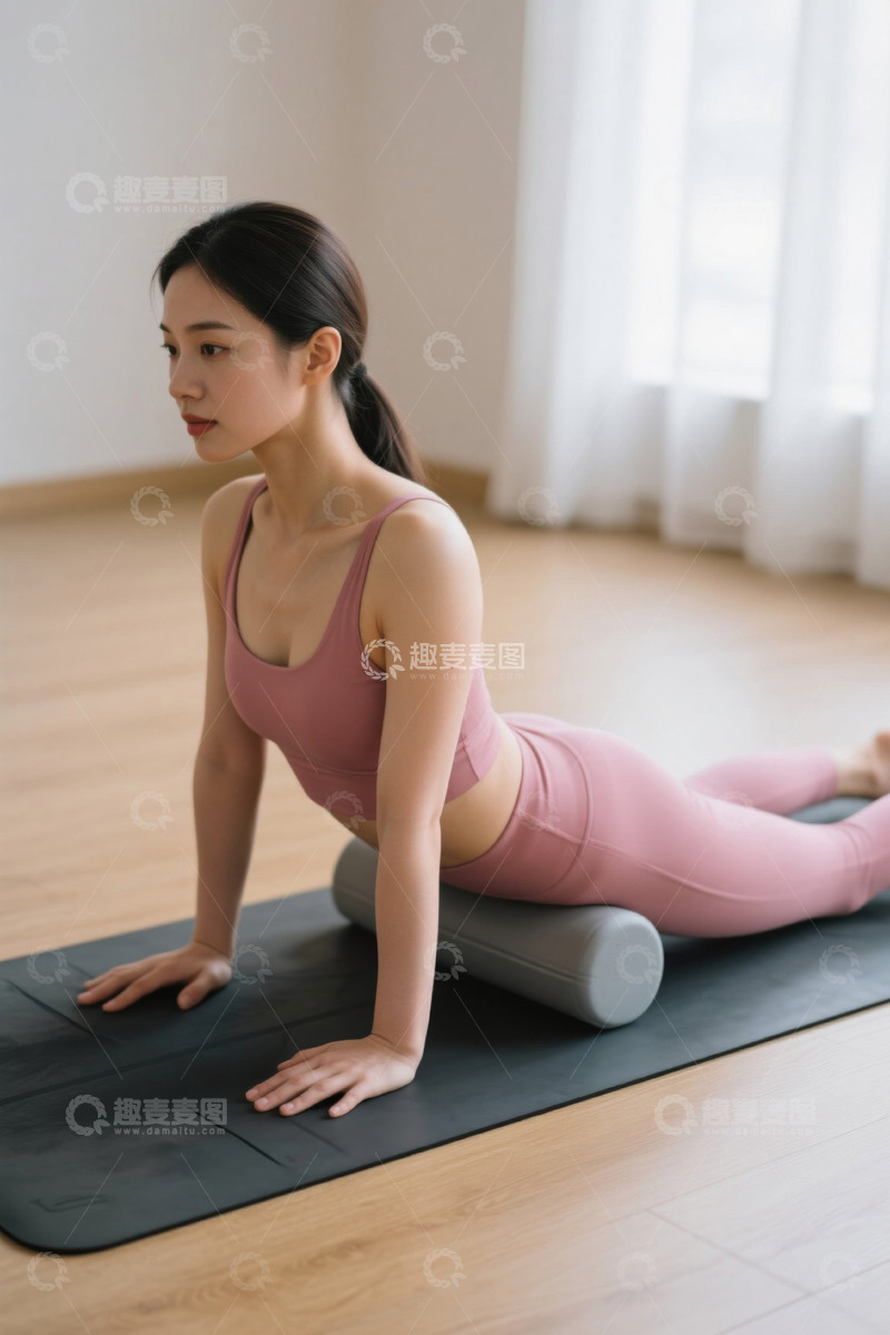高清大图下载【趣麦麦图】年轻女子在家中瑜伽垫上练习瑜伽