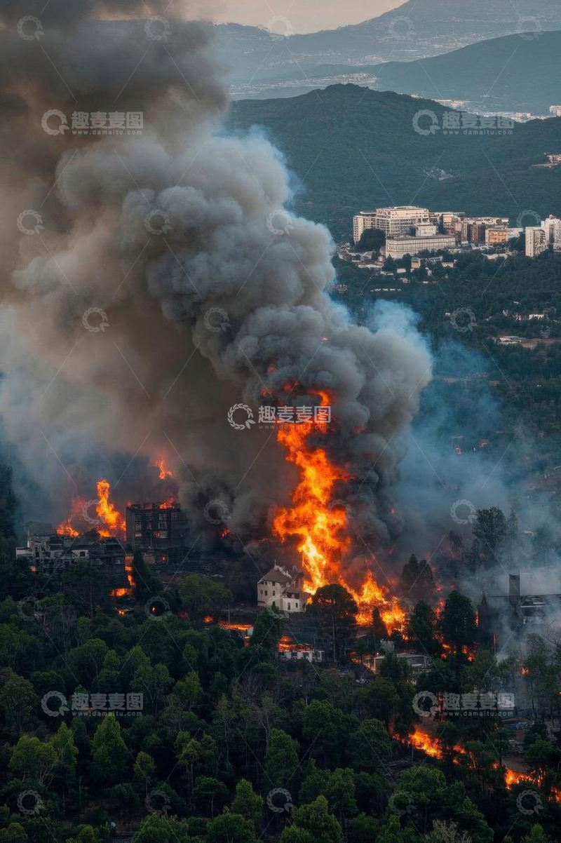 高清大图下载【趣麦麦图】山林建筑野火燃烧景象