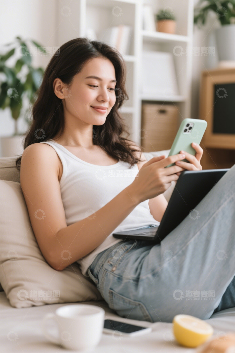 高清大图下载【趣麦麦图】女子沙发上使用手机和笔记本电脑