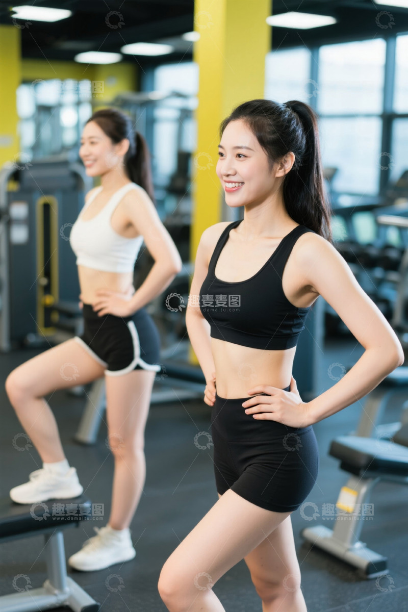 高清大图下载【趣麦麦图】健身房里两位年轻女子运动健身