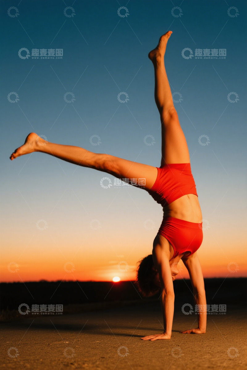 高清大图下载【趣麦麦图】夕阳下瑜伽倒立女子