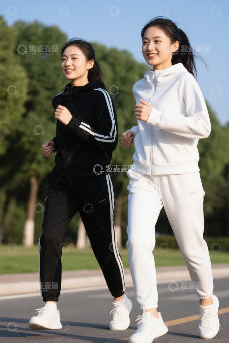 高清大图下载【趣麦麦图】阳光下跑步的两位年轻女孩