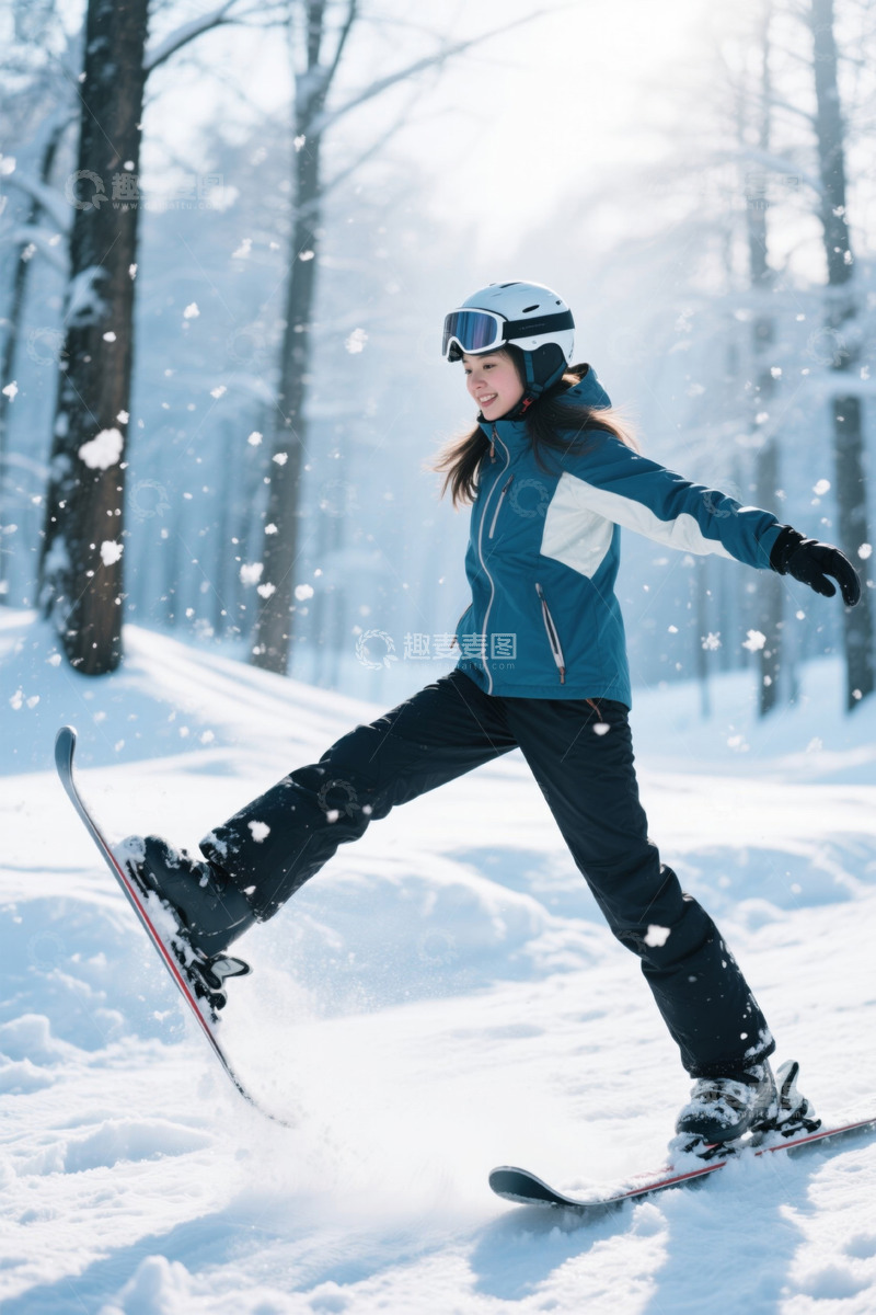 高清大图下载【趣麦麦图】雪地里快乐滑雪的女孩