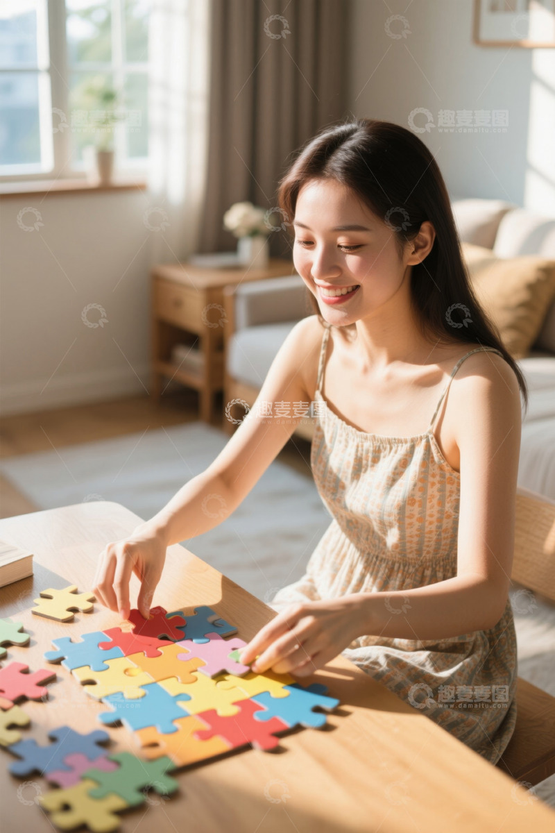 高清大图下载【趣麦麦图】阳光洒进房间女孩玩拼图