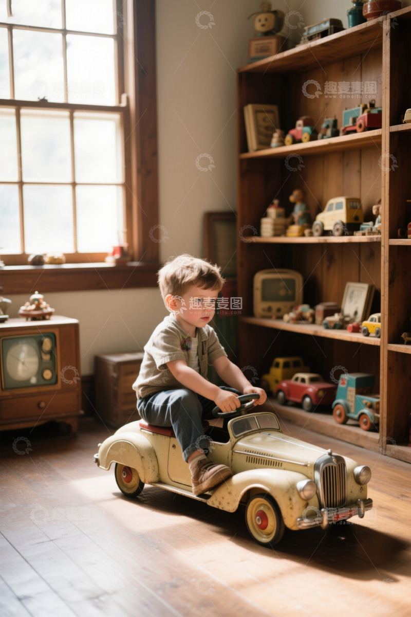 高清大图下载【趣麦麦图】儿童驾驶复古玩具车玩耍