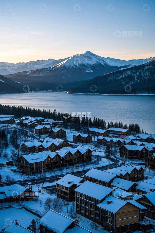 雪中山麓湖畔的度假村落