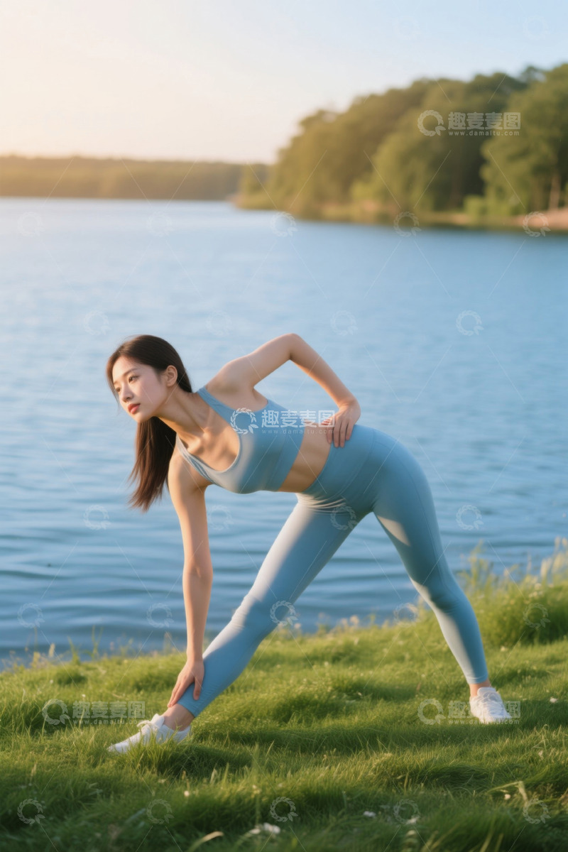 高清大图下载【趣麦麦图】湖边女孩瑜伽体式舒展身姿