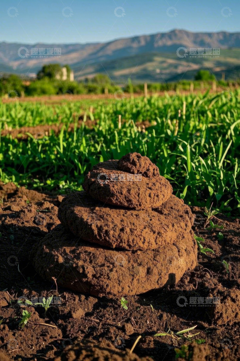 高清大图下载【趣麦麦图】田野中堆叠的土块与绿植景观