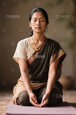 女子盘腿打坐冥想，身着纱丽