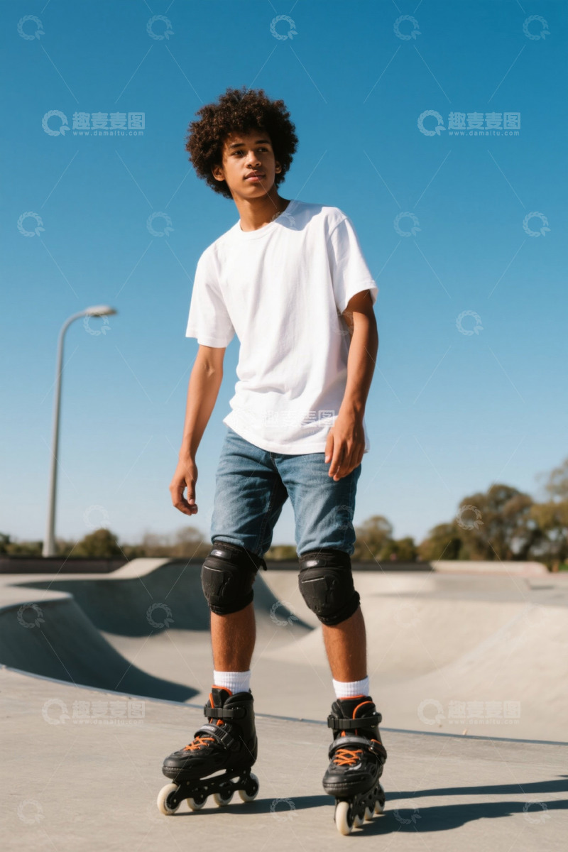 高清大图下载【趣麦麦图】阳光下滑旱冰的年轻小伙