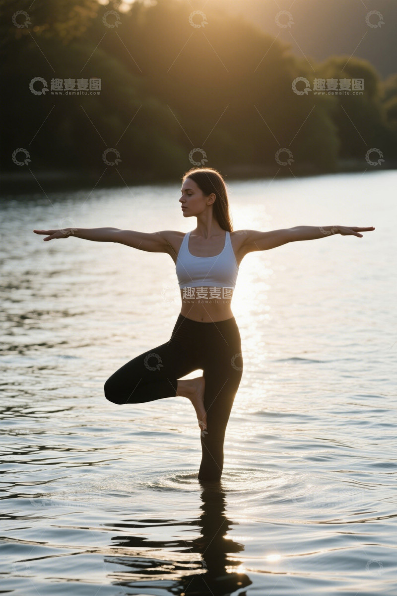 高清大图下载【趣麦麦图】女子在湖边练习瑜伽平衡动作