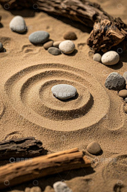 沙滩上石子与沙纹自然景象