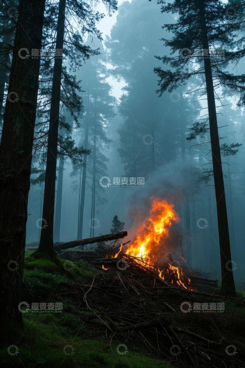 高清大图下载【趣麦麦图】森林中燃烧的篝火画面
