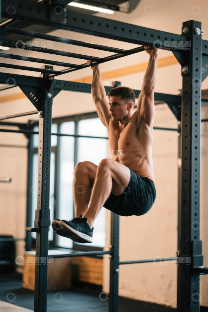 高清大图下载【趣麦麦图】健身房里男人做引体向上