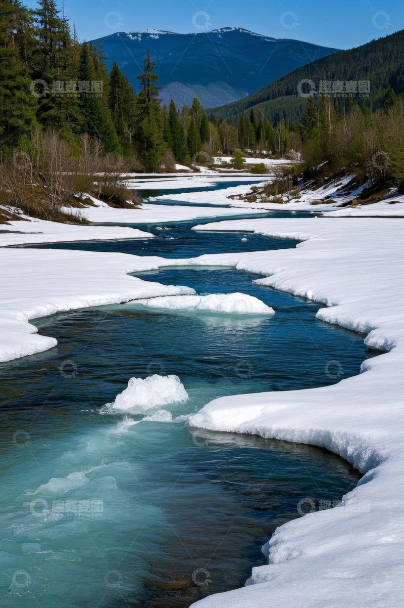 高清大图下载【趣麦麦图】山间河流冰雪覆盖景观