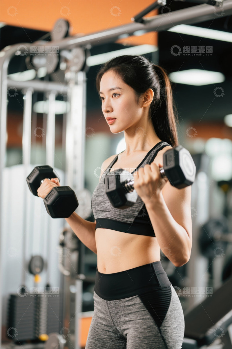 高清大图下载【趣麦麦图】健身房里认真健身的年轻女子