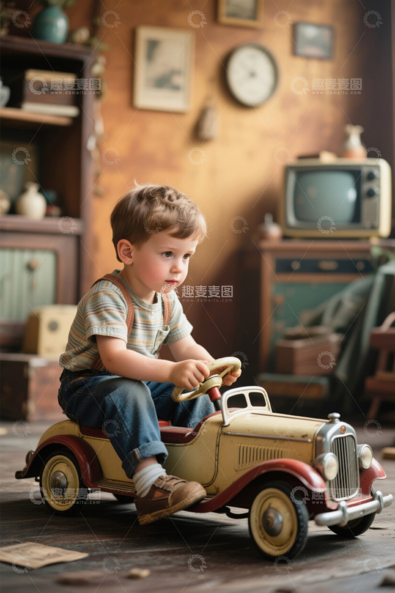 高清大图下载【趣麦麦图】复古房间里的小男孩开着玩具车