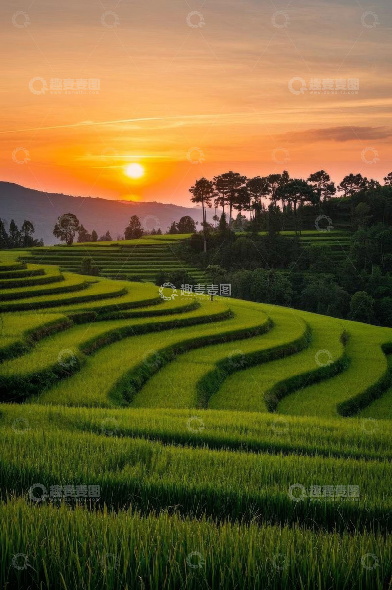 高清大图下载【趣麦麦图】夕阳下的绿色梯田风光