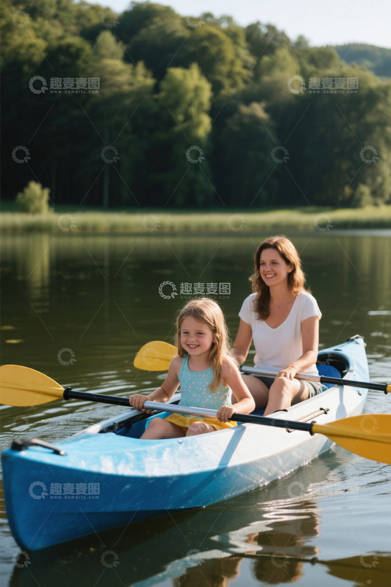 高清大图下载【趣麦麦图】母亲和女儿在湖上划皮划艇
