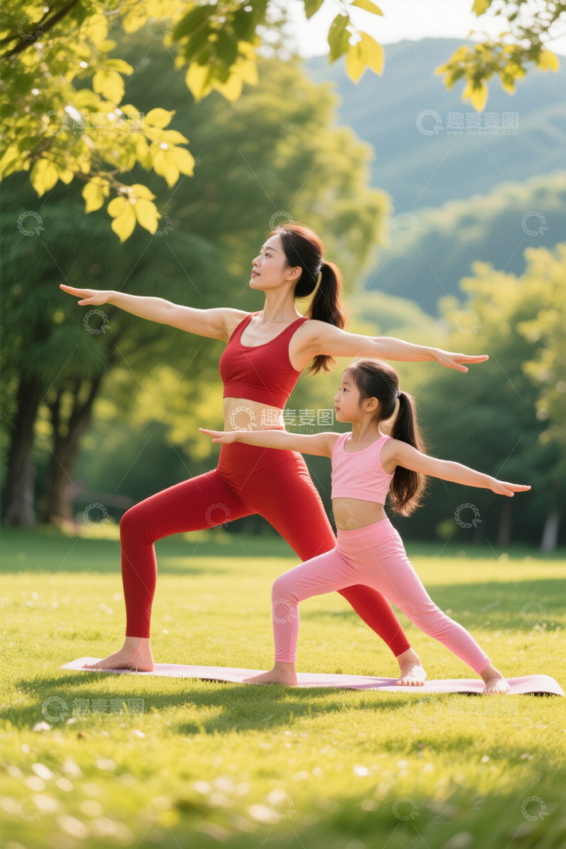 高清大图下载【趣麦麦图】母亲和女儿在公园里练习瑜伽