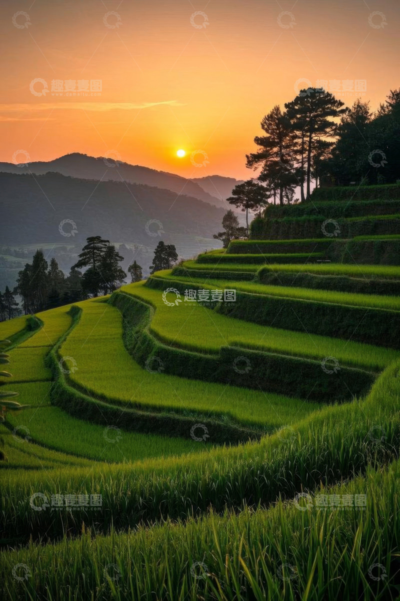 高清大图下载【趣麦麦图】日落时分的梯田自然风光